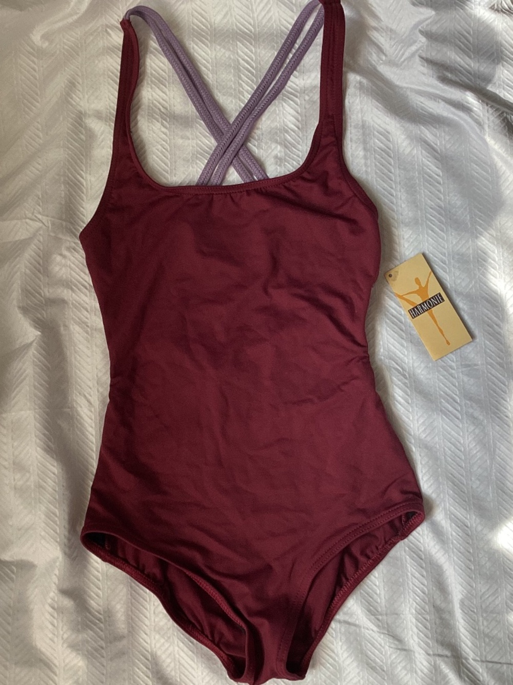 Harmonie Bodywear Cami Dance Leotard Burgundy w/ Pink Purple strappy back XS NEW - Picture 8 of 8